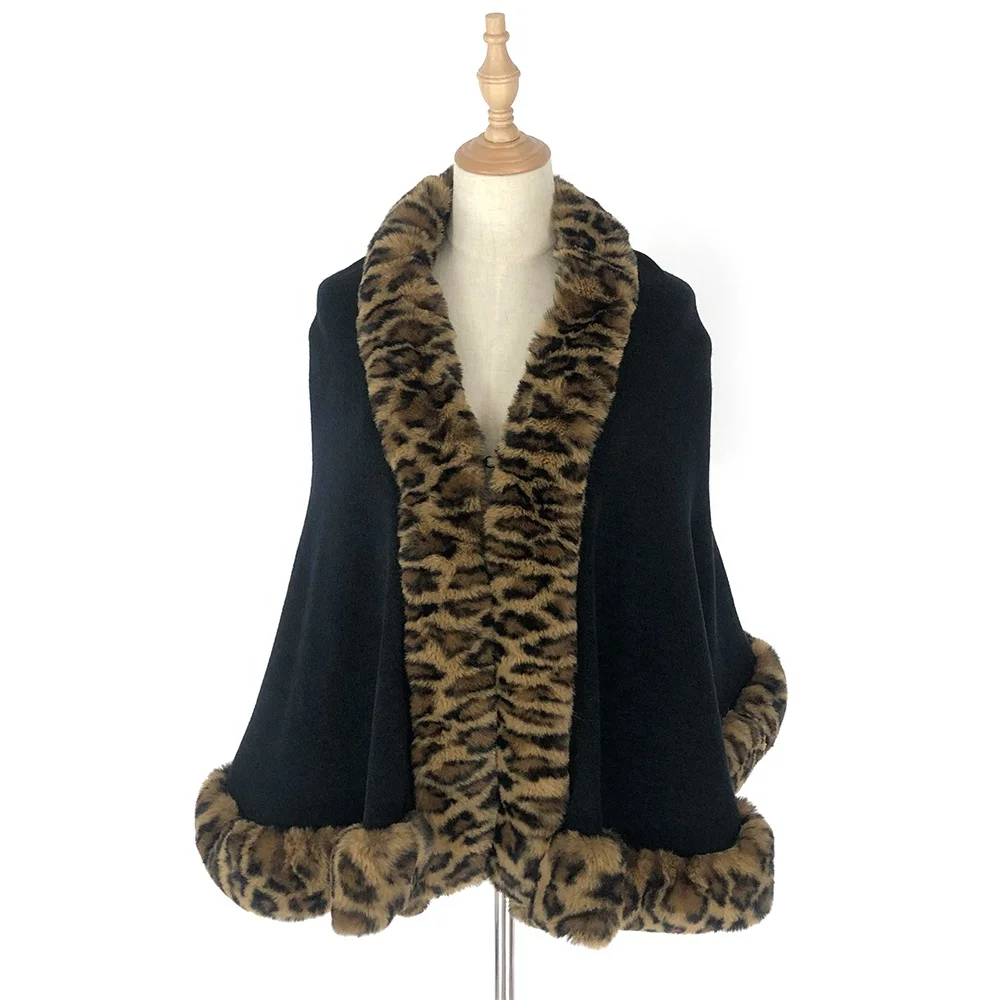 Хит, Леопардовый узор, кроличий искусственный мех, Женская шаль, шарф, Вязаная кашемировая накидка, пончо с мехом