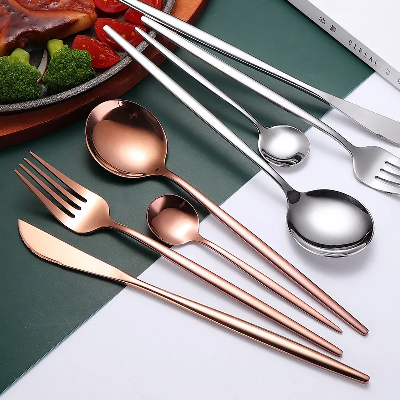 Stainless Steel Light Modern Knife, Fork and Spoon Silverware Price Metal Rose Gold Cutlery Set