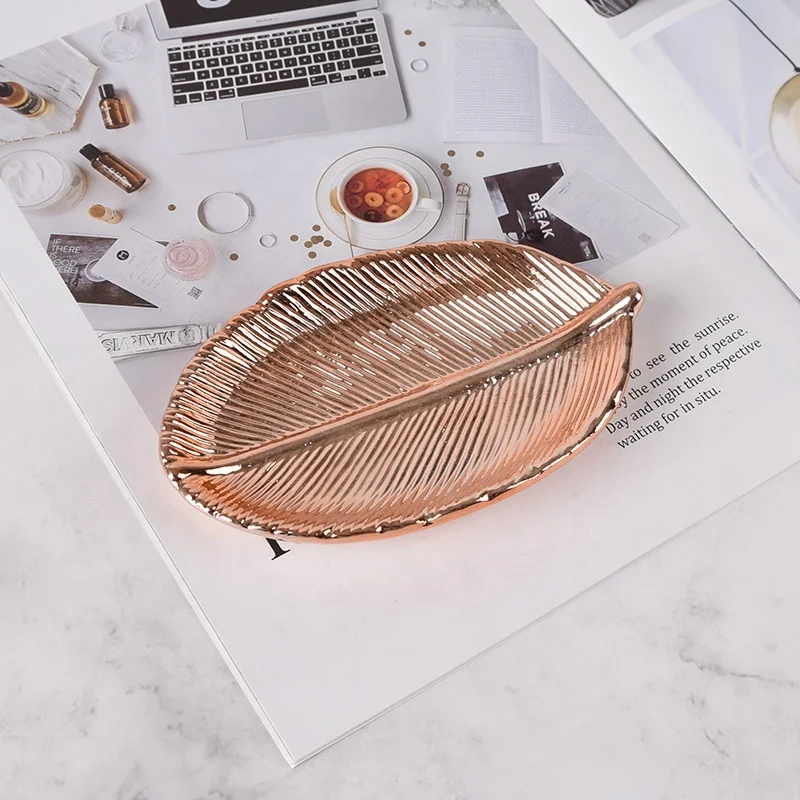 Exquisite White Gold Leaf Ceramic Jewelry Ring Dish Tray - Home Decorative Trinket Organizer with Premium Glaze Finish