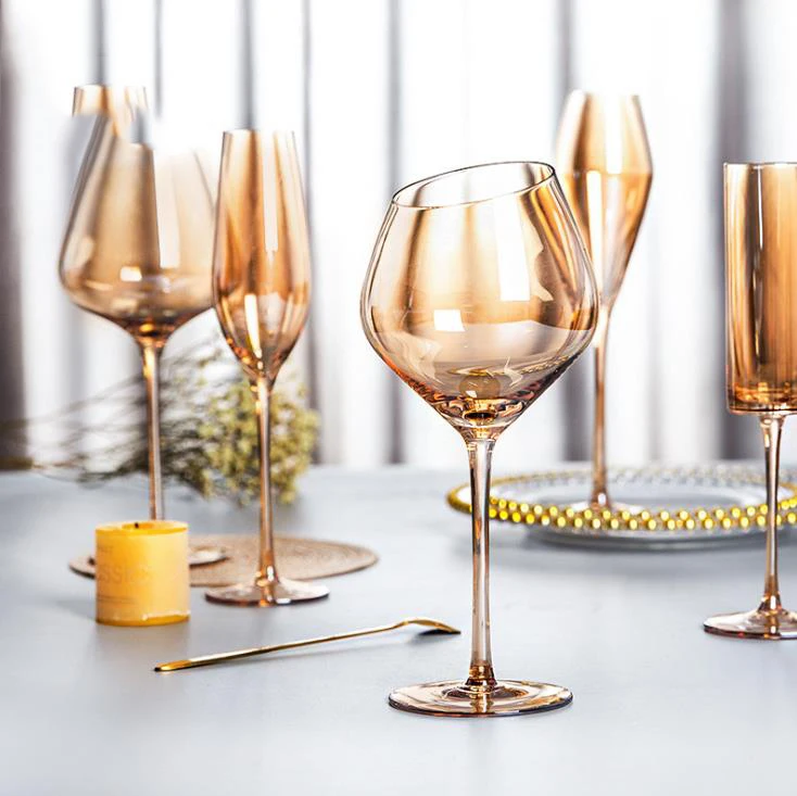 Hot sale amber wine glass goblet set oem logo colored crystal glassware nordic wholesale electroplated champagne flutes