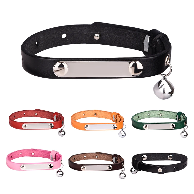Head Layer Cowhide Adjustable Pet Collar Cute Bells Custom Lettering  Cat Collar