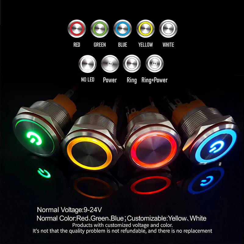 LANBOO  25/30mm Bi-color RGB LED Metal Push Button Switch Momentary Latching Waterpoof 2no2nc Button On Off Stainless Steel