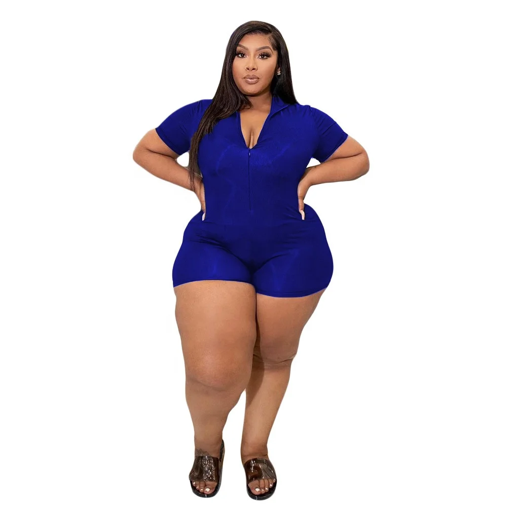 Plus size women clothing solid color zipper up jumpsuit one piece shorts rompers plus size jumpsuits for women