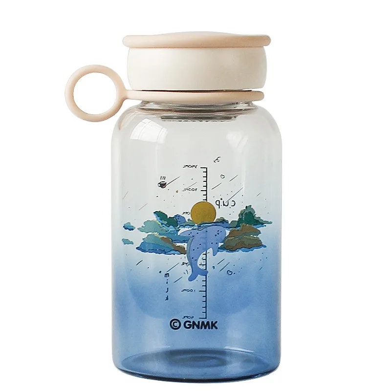 Hot sale 350 ml / 480 ML glass bottle outdoor portable Water Bottles summer bottle with scale and Lid