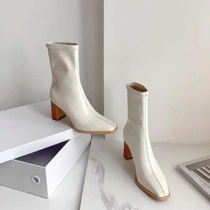 Mid-tube short boots autumn and winter new thick and high-heeled patent leather white fashion boots women