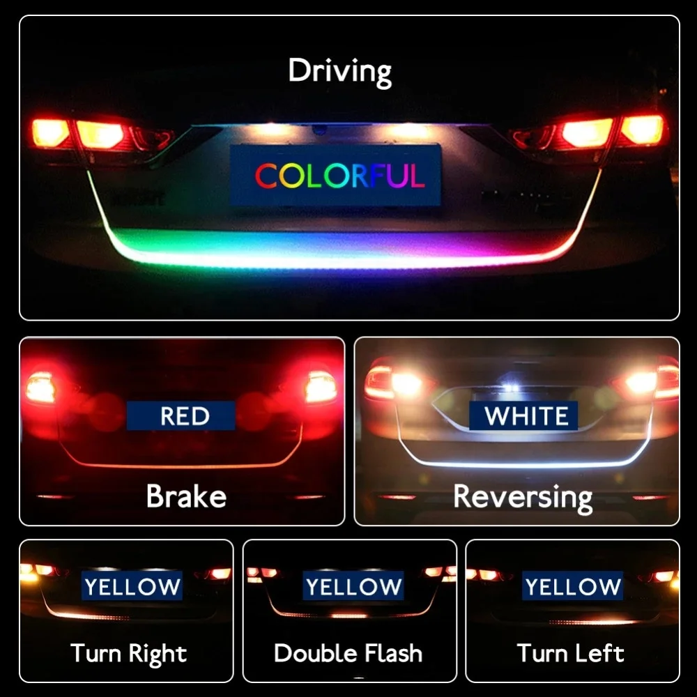 Universal Carbon Fiber Black Car Rear Roof Splitter Spoiler RGB Car Auto Tail Wing Lips Led Warning Lights Trim Strip