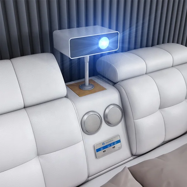 Intelligent china factory wholesale design solid wood frame manufactured leathers bed with projectorable bioscoops wholesales