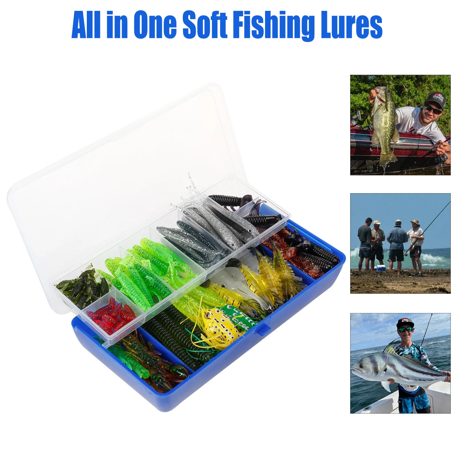 High quality 102 pcs reel tail soft bait  frog soft fish squid shrimp with hooks  freshwater saltwater sets fishing tackle boxes