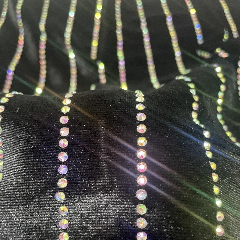 Popular Gorgeous AB Rhinestone Gemstone Hot Drilling Stripe Pattern Velvet Fabric for Custom