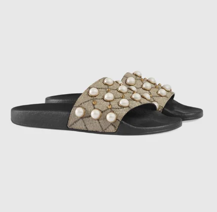 High Quality Luxury Genuine Leather Flat Slippers Floral Print Couples Summer Beach Slides Designer Vacation Sandals