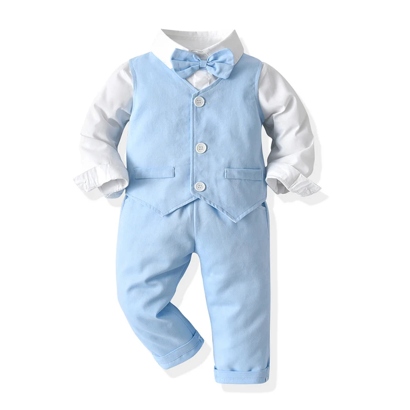 New Fashion Kids Boys Gentleman Clothing Sets Toddler Boy Long Sleeve White with Bowtie+Vest+Pants Outfits