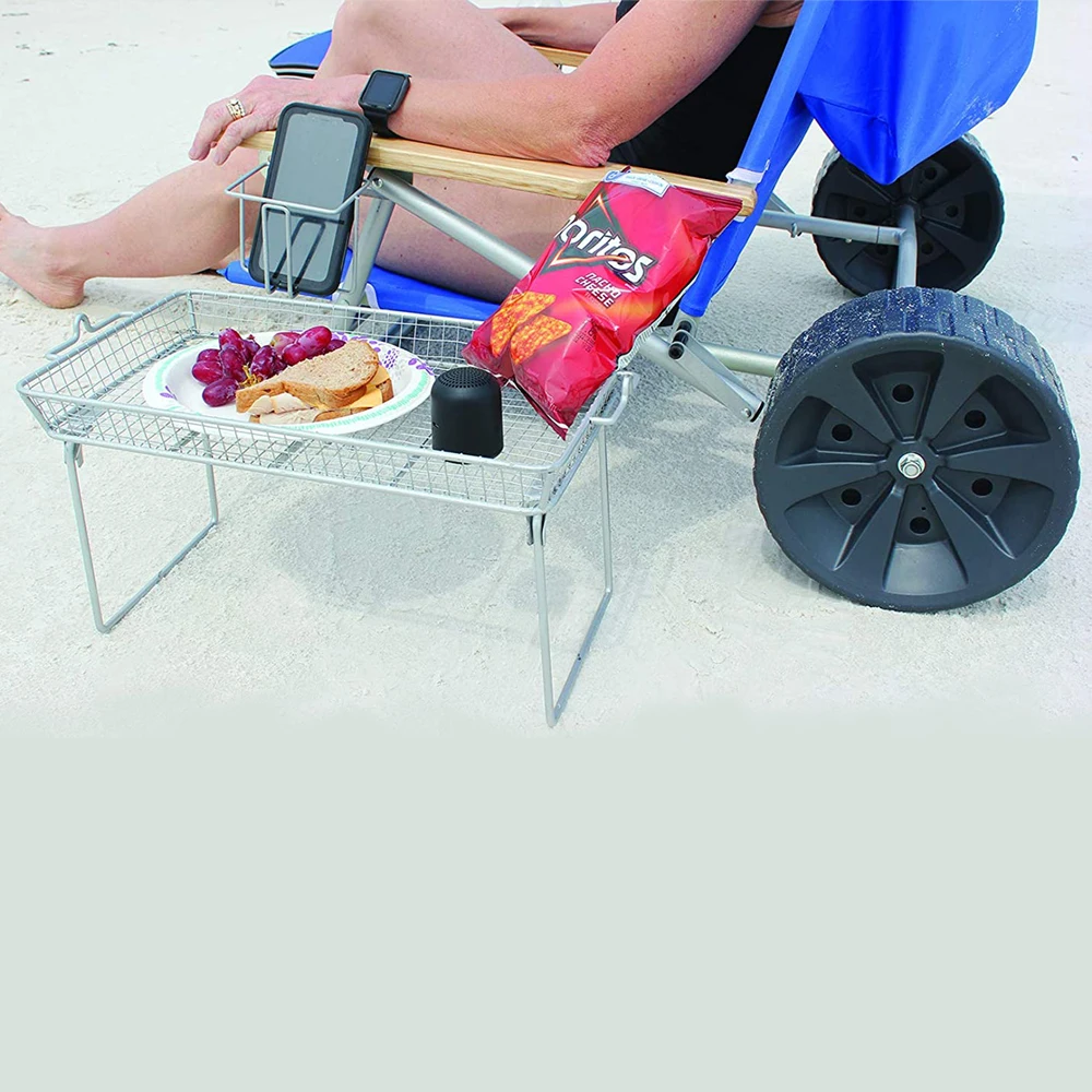 Beach Chair w/Wide Tall Wheels Portable Folding Recliner Lounge for Sun Tanning Outdoor Pool w/Lock & Large Storage Pocket