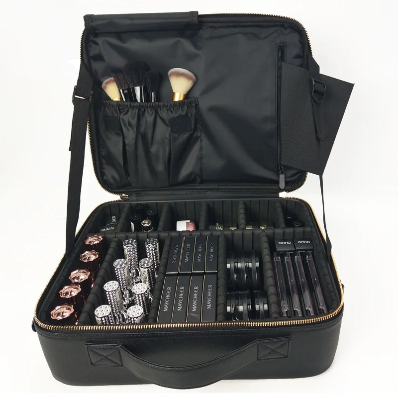 Custom Competitive Quality Large Capacity Multi-functional Cosmetic Case Makeup Organizer Bag Fashion Zipper with Handle Box PU