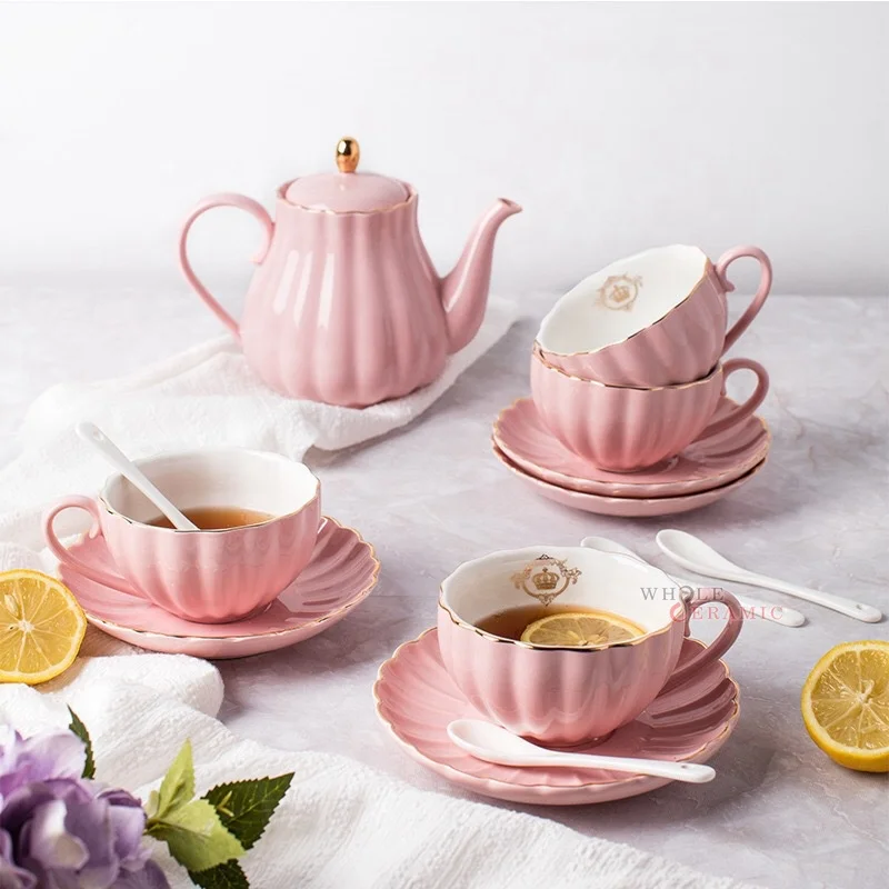 Good Quality Creative Candy-Colored Gold Rim Ceramic Coffee Set Mug Cup Saucer Pot Milk Jug Sugar Bowl Tea Set