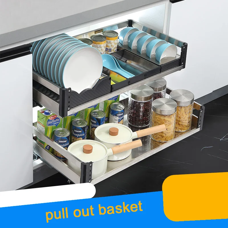Plate Storage Basket Rack Drawer Kitchen Cabinets Dish Drainer WTB-014 Kitchen Pulling Out Stainless Steel Modern in Cabinets
