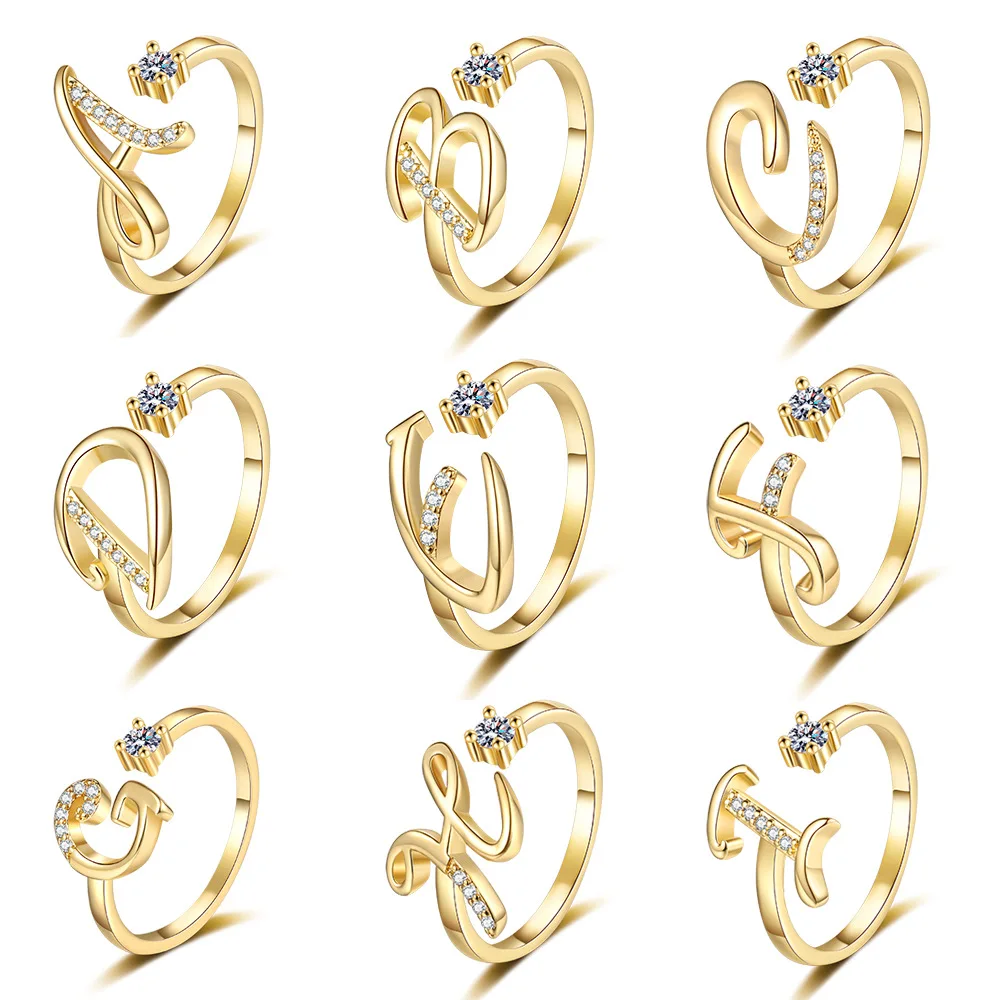 New Product 2024 Fashion Jewelry 26 Letters Initial Ring With 5A Zircon Adjustable 18K Gold White Gold Plated For Girl Women