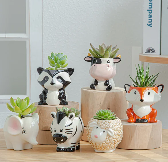 Mini Cute Ceramic Animal Flower Pot Succulent Plant Pot Cartoon Cow Elephant Ceramic Flower Plant Pot Tiny Flower Planter Cactus