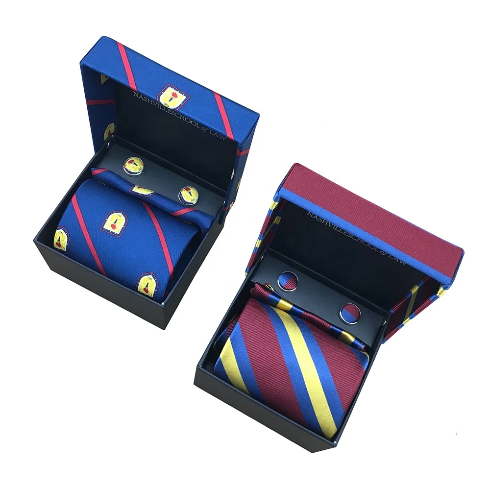 China Supplier Wholesale Striped Custom Necktie 100% Silk Woven Pocket Square Handkerchief Gift Box Men Tie Hanky Cufflinks Set