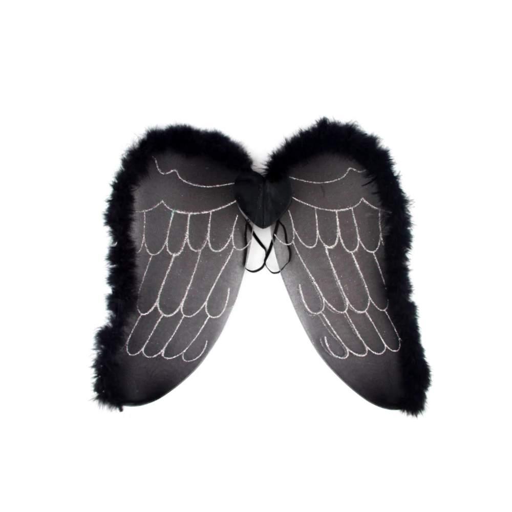 Feather-like shape of black angel wings with stork feather boa and silver glitter