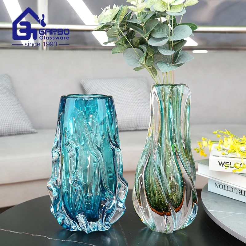 High end handmade elegant transparent and blue glass vase for home decor