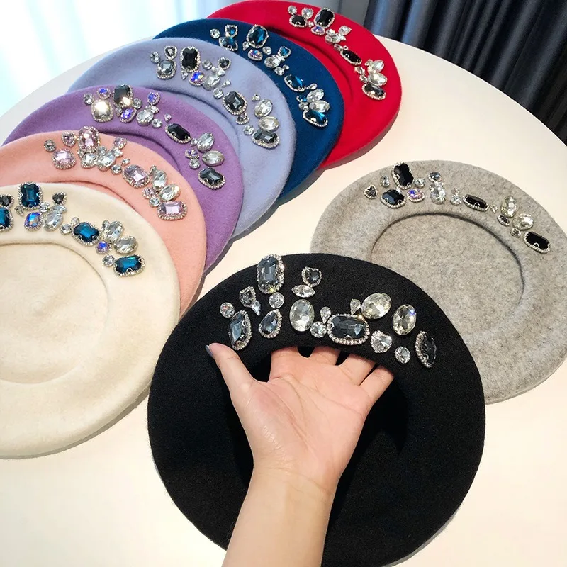 2024 New Custom Logo Women Berets Diamond Rhinestone 100% Wool Beret Hat For Women Pattern Knitted Berets With Solid Painter Hat