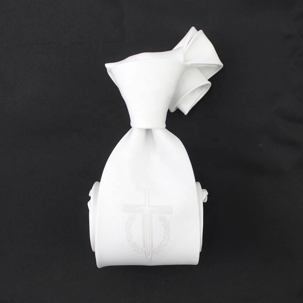 China Suppliers Wholesale 100 Polyester Twill Custom Woven Logo Cross Church Neckties White Sword Wreath Men Male Christian Tie