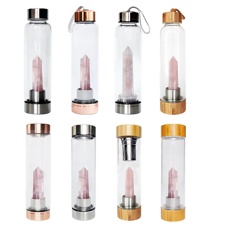 Private Label Rose Gold Healing Natural Gemstone Quartz Infused Elixir Glass Crystal Water Bottles