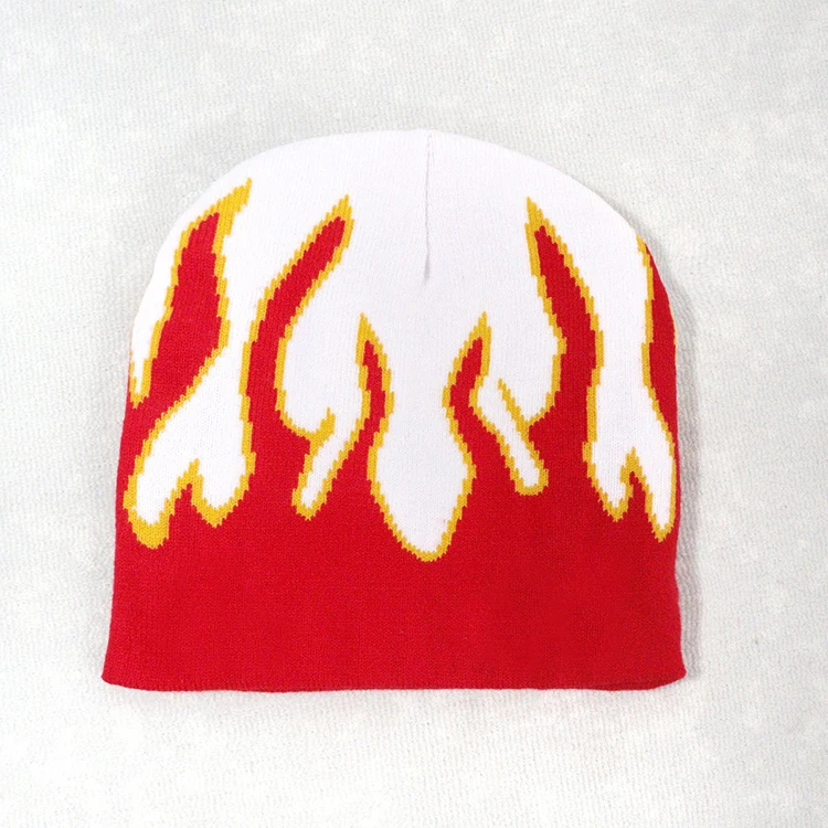 Wholesale Unisex Flame All Over Printed Knitted Bean Hat Cap Custom Logo Y2K Acrylic Jacquard Beanie Hats