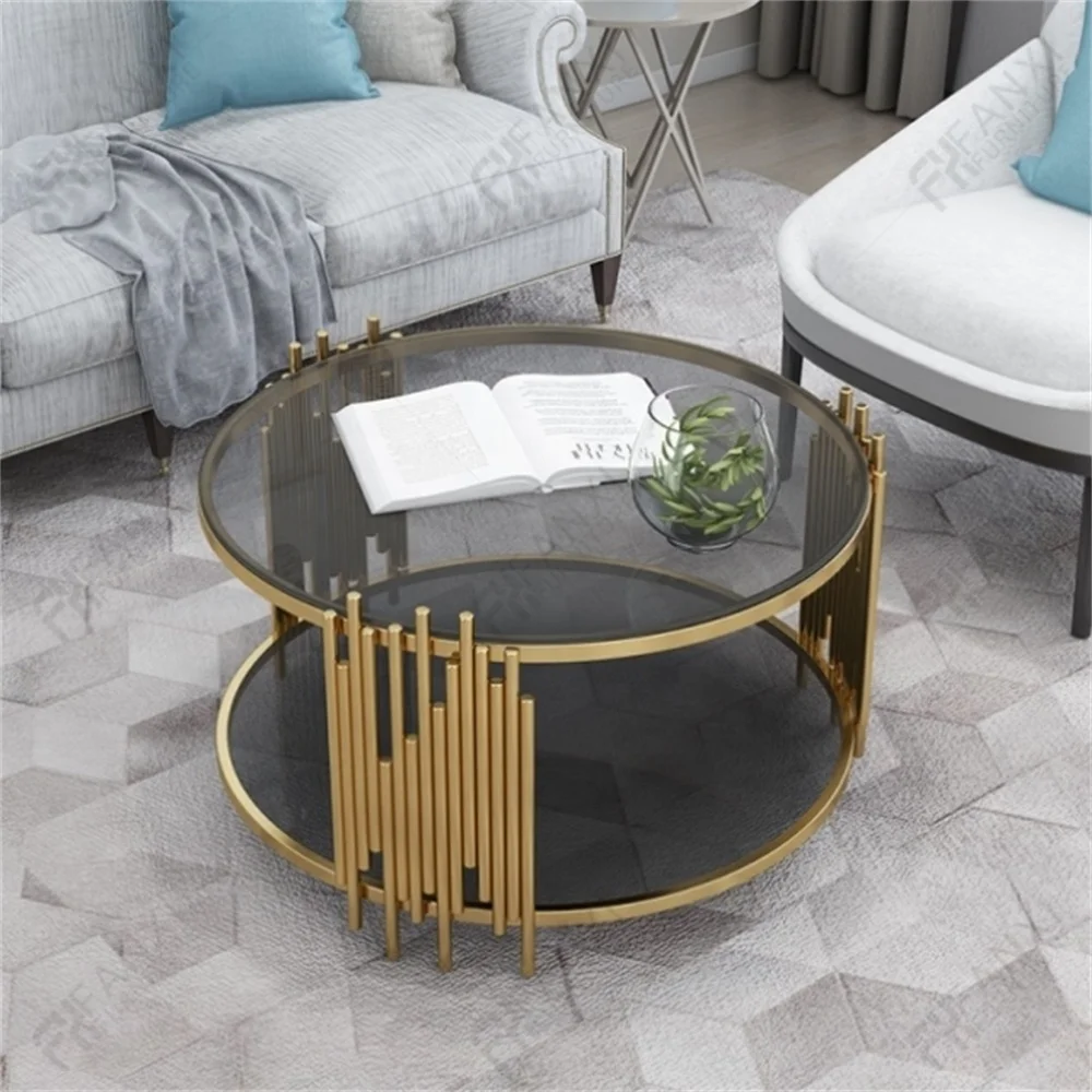 Living room furniture gold stainless steel coffee table glass top round luxury modern coffee table coffee tables