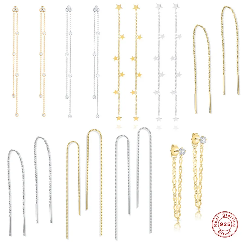 Women Trendy S925 Sterling Silver Earring Gold Long Wire Tassel Chain Zircon Drop Hanging Earrings