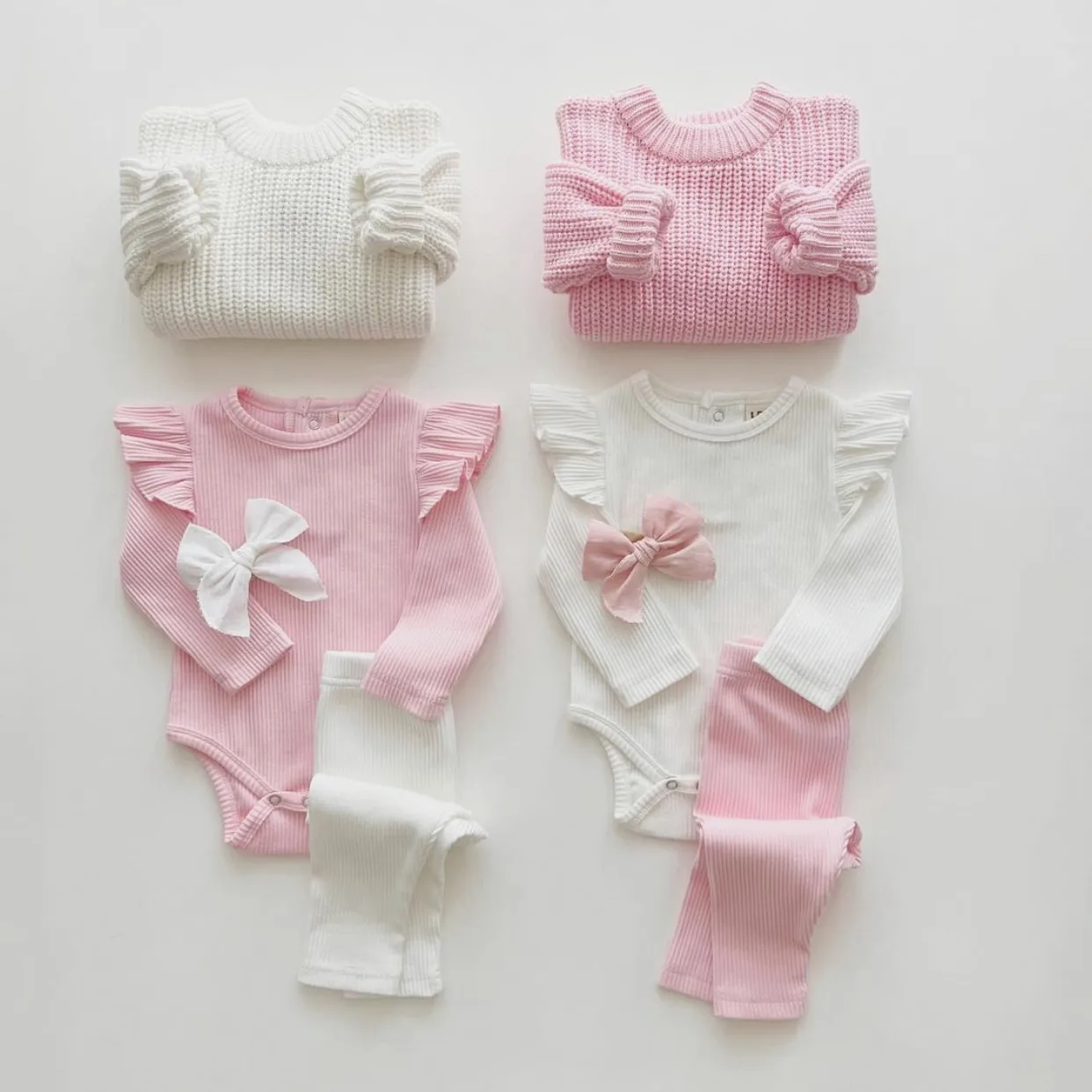 Autumn and winter baby pit strip cotton set solid color flying sleeve home pajamas