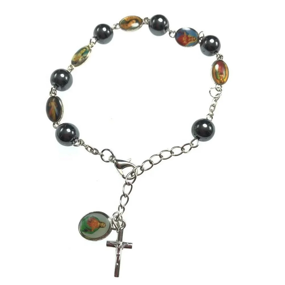 exquisite zinc alloy metal beads religious oval connector hematite bead rosary bracelet catholic icon bracelets