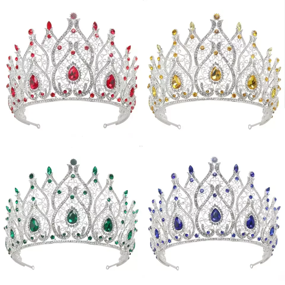 Big Luxury Rhinestone Emerald Green crystal silver Pageant wedding bridal Crowns and Tiaras for queen