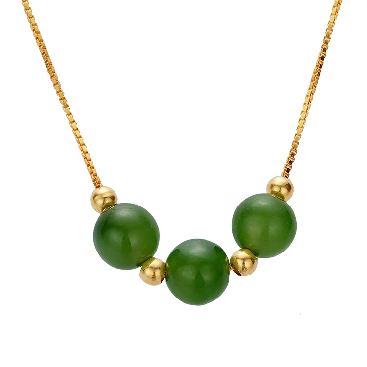Trendy Round 18k gold Green Jasper beads Pendant Chain Necklace 925 silver Jewelry