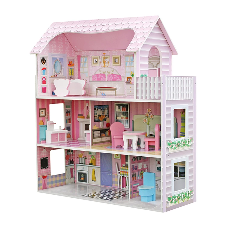Classic Miniature Girls Pink Wooden DollHouse Toys with Furniture W06A139
