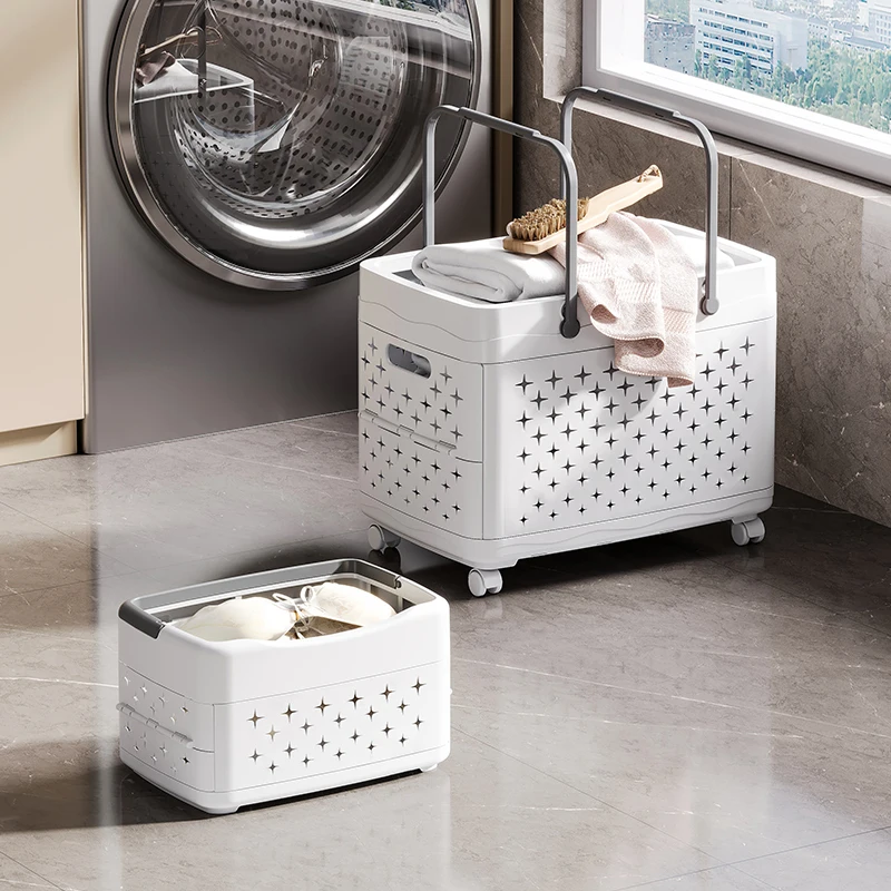 New multifunctional bathroom organizer storage trolley folding laundry basket foldable plastic storage basket with wheels