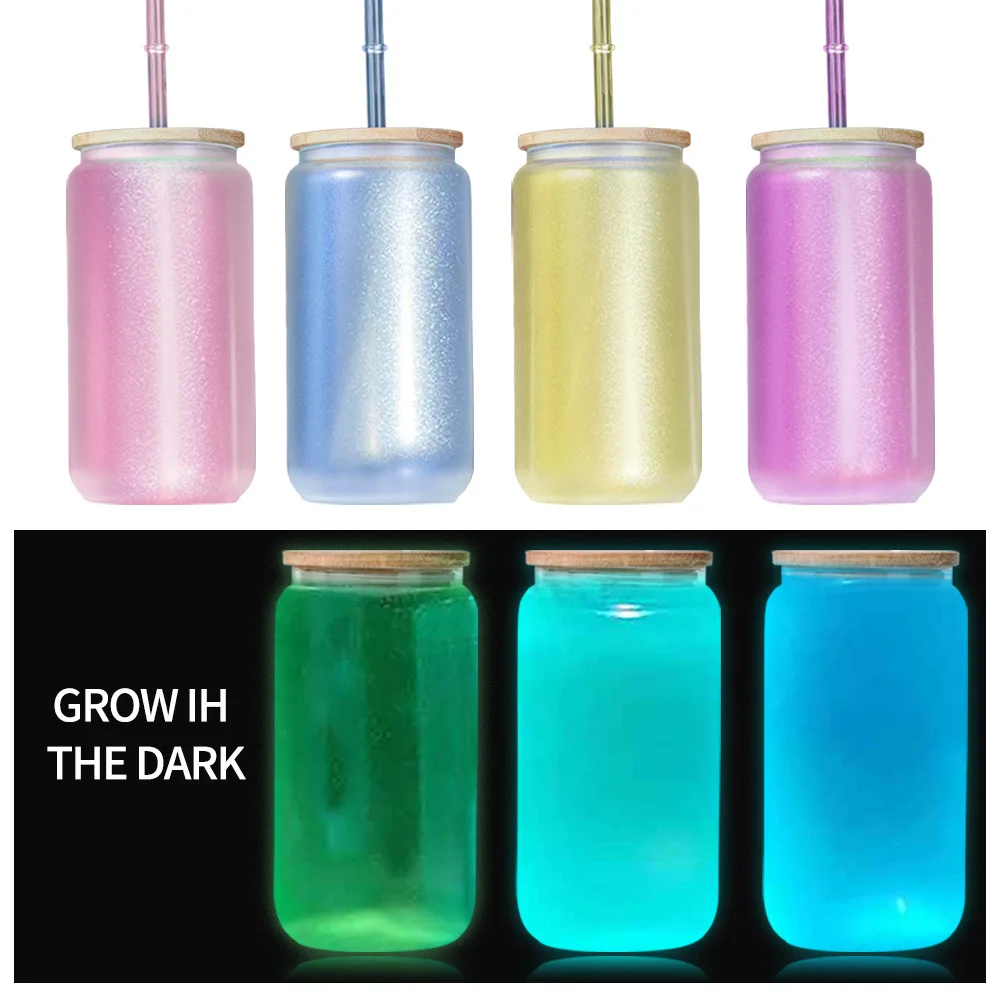 tumbler cups frosted Can Shaped Beer Glass Cups free shipping 16oz UV color change and glow in dark Blank sublimation glass can