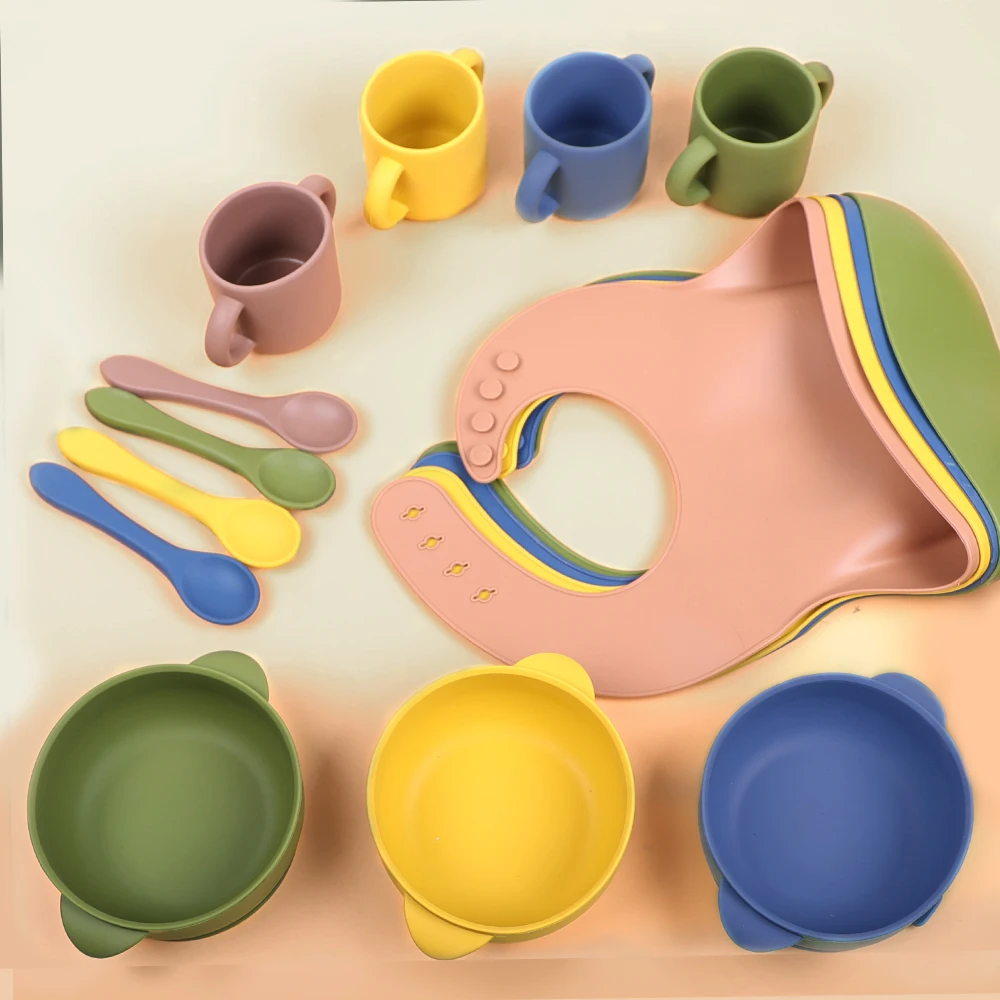 10 Pcs Baby Led Weaning Supplies Silicone Baby Feeding Set with Bib Bowl Soft Spoon Fork Toddler Eating Utensil Set
