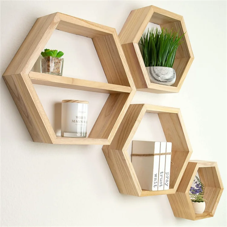 High quality extra large 4 pcs paulownia wood hexagon wall shelf honeycomb wooden floating shelves