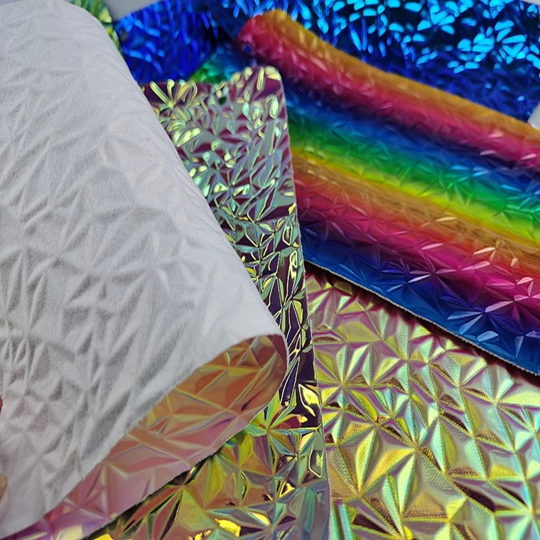 Leather Glitter Fabric Iridescent Tpu Faux Leather Artificial Leather PU for Women Shoes 3D Reflective King Lion Woven,woven