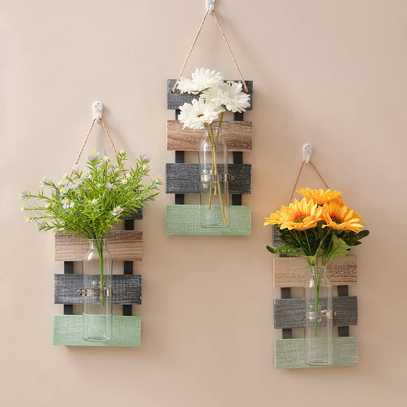 Farmhouse Rustic Glass Wooden Wall Vertical Planter Flower Plant Pot Wall Decor Pendant Wall Hanging Vase