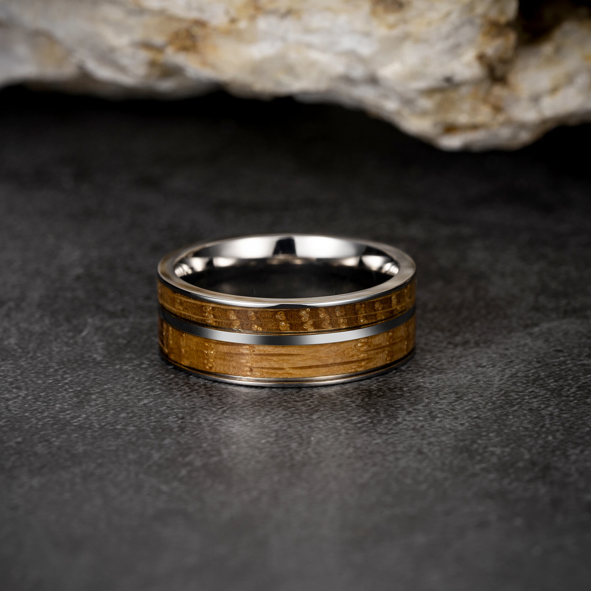 8mm Flat Wholesale Whisky Barrel Wood Inlay Wedding Band Silver Tungsten Carbide Rings For Men Women