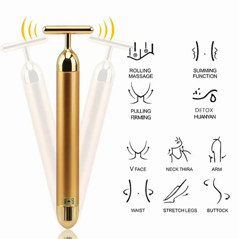 Hot Selling Beauty Bar 24K Golden Pulse Facial Massager T-Shape Electric Face Massage Tool