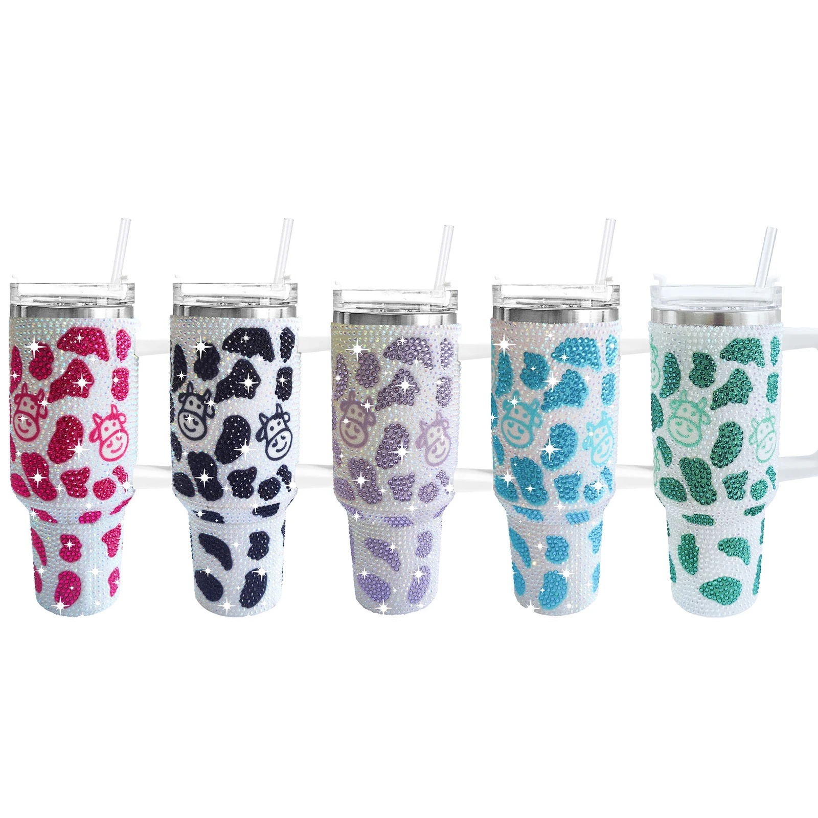 DD2736   Glitter Bling Travel Mug Birthday Gifts Cow Pattern Rhinestone Studded Bottle Cups 40oz/1200ml Tumbler With Straw