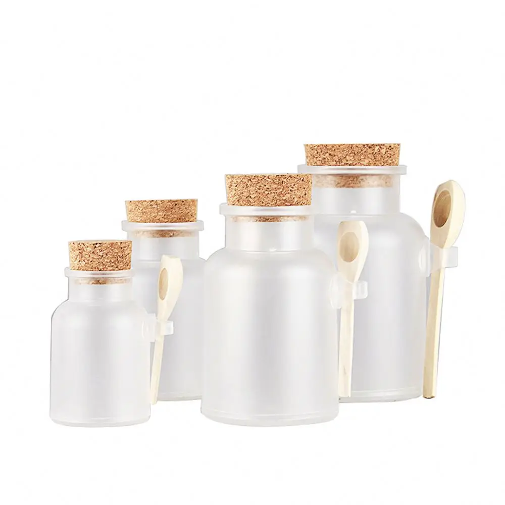 100ml 100g Matt surface square shape plastic bottle cosmetic refillable bath salt bottle with cork stopper and spoon BSJ-043Z