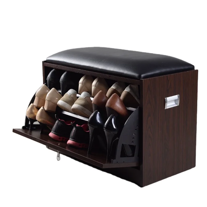 Traditional wooden seat with leather cushion  folding shoe stool