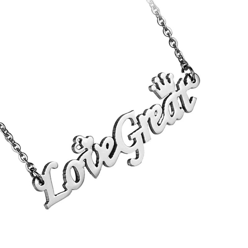 Love Gift Letter Crown & Heart Love Message Pendant Necklace Stainless Steel Mens Ladies