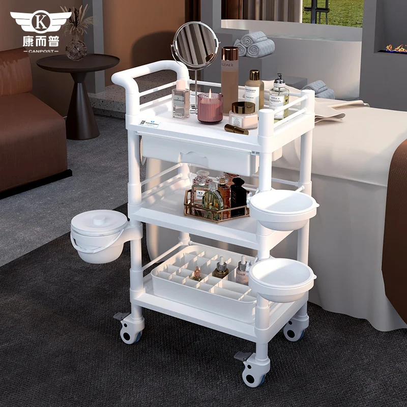 Triple ABS beauty salon trolley with drawer Spa bowl Dirt bucket Beauty Spa Car White Grey storage car Factory wholesale