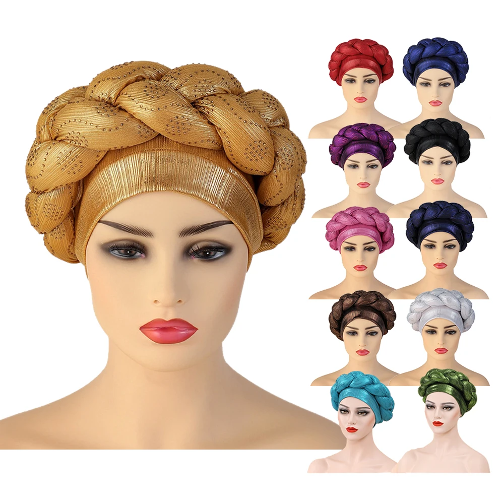 Мусульманский тюрбан со стразами, женские шапки, кепки, нигерийский головной убор, повязка на голову, Африканский поворотный головной платок, хиджаб, головной платок