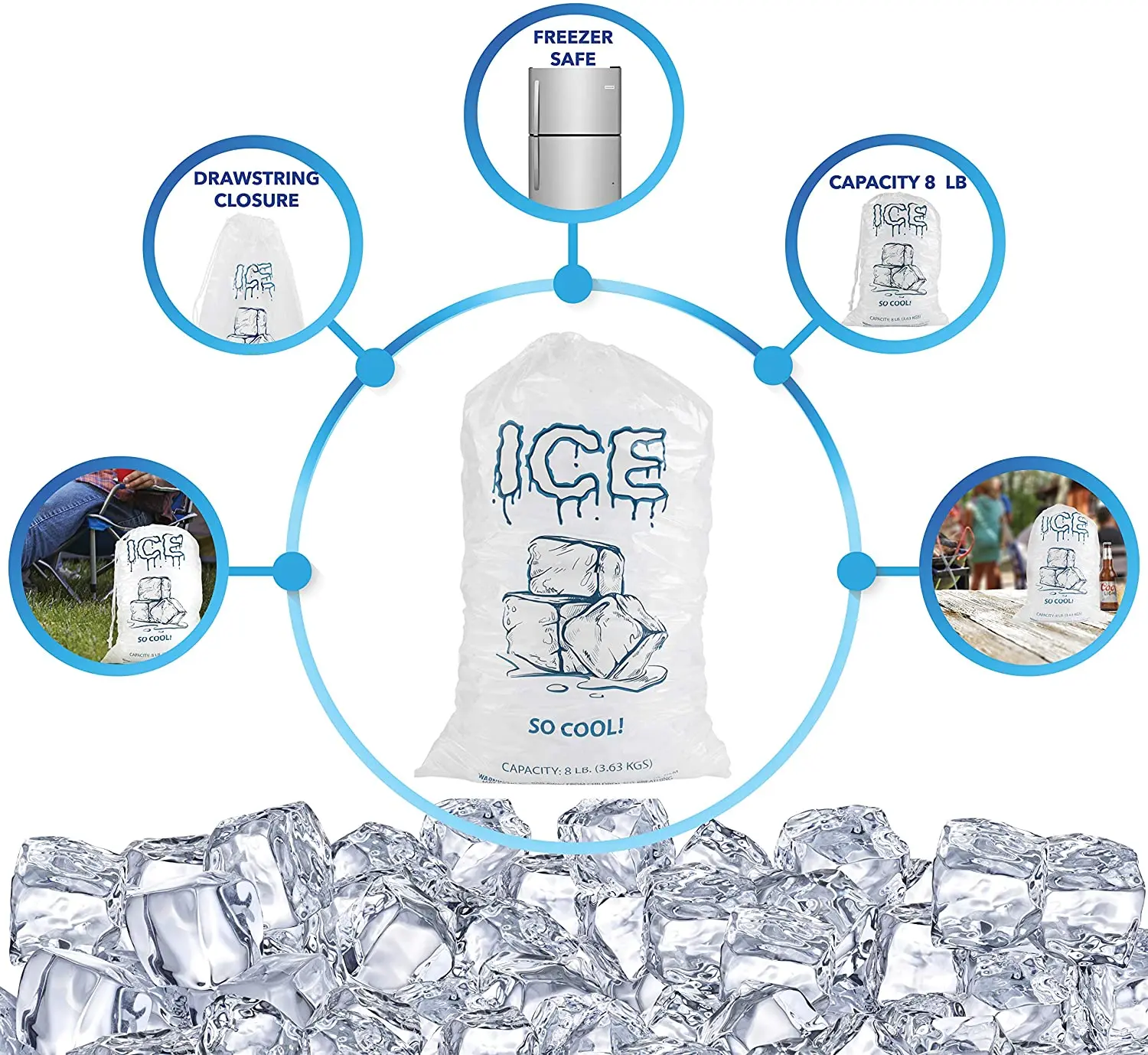 Custom Design Disposable Reusable 8lb 10lb Plastic Drawstring Ice Cube Bag For Ice Blocks